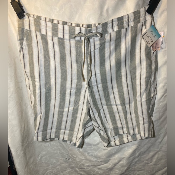 NWT Per Se Sage Green and Cream Striped Linen Drawstring Shorts - Picture 3 of 15